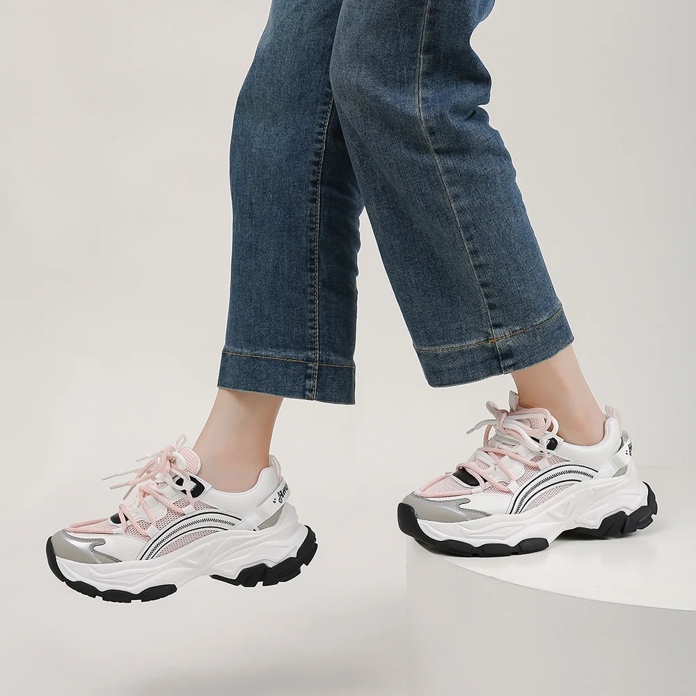 SOMILISS Women Platform Sneakers Genuine Leather Mesh Patchwork Chunky Sneakers Comfortable Ladies Fashion Casual Shoes