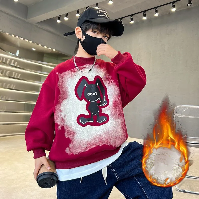 

Autumn Winter Kids Sweatshirts Cartoon Print Boys Plus Velvet Thick Pullover Children Long Sleeve Sport Top Teenagers Clothes