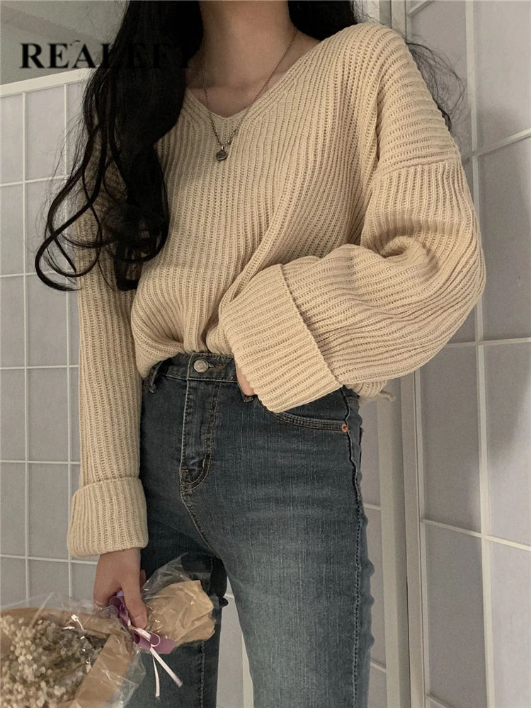 

REALEFT Autumn Winter Loose Women's Sweater 2022 New Puff Sleeve V-Neck Sweaters Solid Ladies Knitted Casual Pullover Female