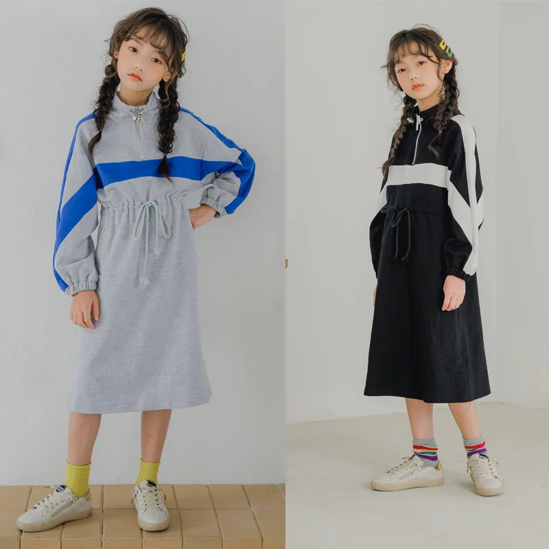 

Winter Girl Dress Fleece Warm 8 10 12 Years Sweatshirt Dress Spring Fall Color Patchwork Teenager Clothes