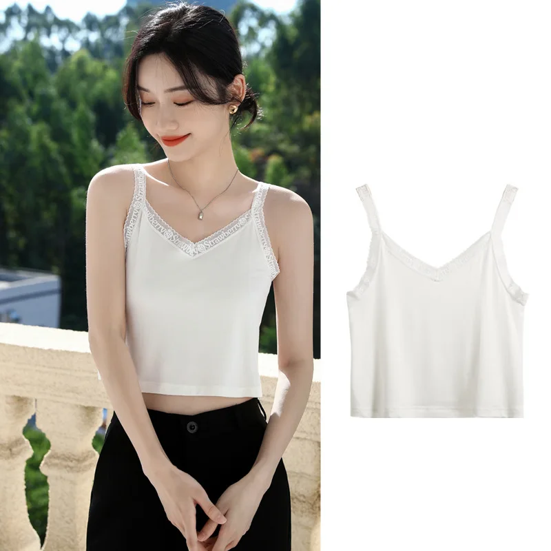 

Slim Fit Short Camisole Women Sexy Lace Knit Tank Top Fashion Hot Girl Spring Summer White T-Shirt Sleeveless Shirt