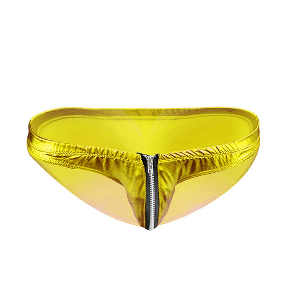 

Men Bikini Briefs Wet Look Underwear Glossy PU Leather Zip Bulge Pouch G-String Thongs Arrow Panties Erotic String Underpants