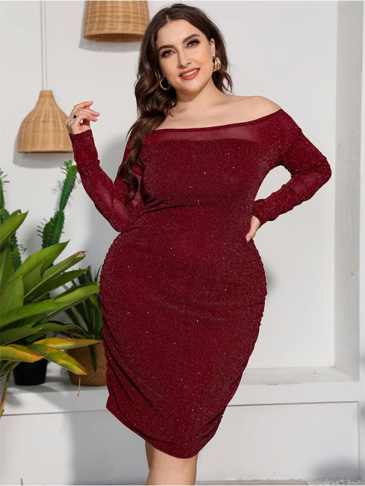 Plus-size women's dress one-shoulder cutout crushed diamond autumn long-sleeved sexy wrinkled hot girl hip skirt