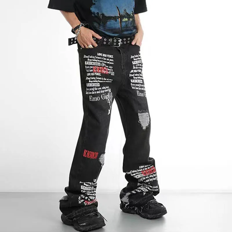 

Harajuu Letter Embroidery Ripped Graffiti Men's Jeans Pants Retro Hole Frayed Distressed Streetwear Baggy Denim Trousers