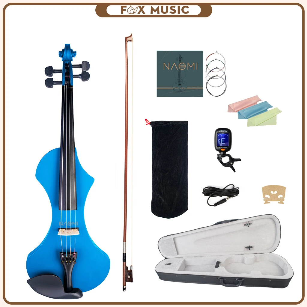 4/4 Silent Electric Wood skrzypce Set-V1BL z brazylijskim łukiem + kalafonia + most + Tuner + struny skrzypcowe + torba ochronna + futerał do przenoszenia