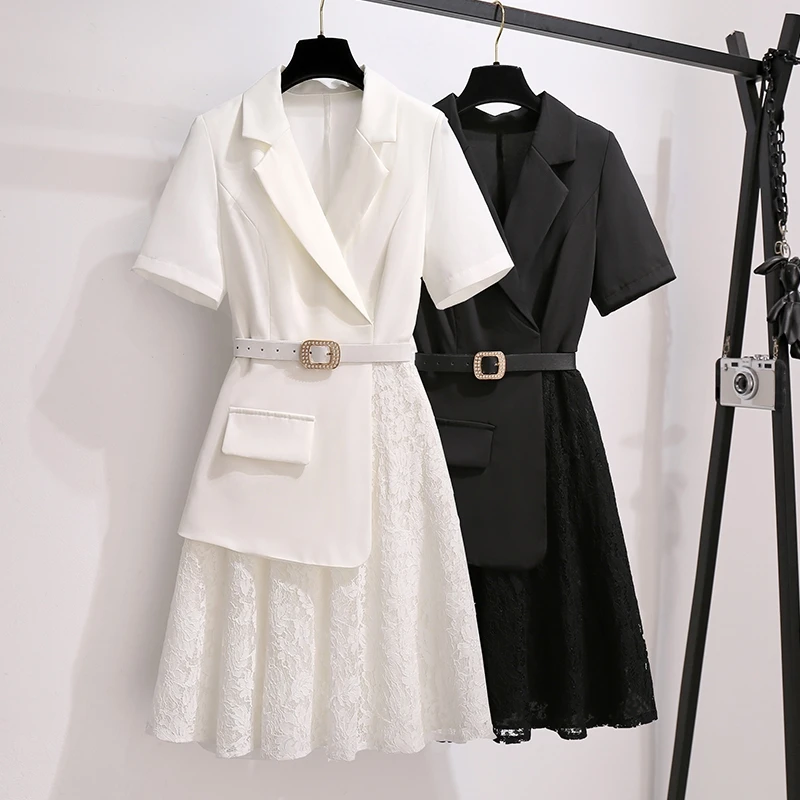 

Women's New Notched Long Blazers Dress Draped Lace Splice Belt Blazer Dresses Office Lady Summer Short Sleeve Elegant Work Wear