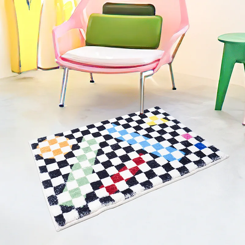 

Fluffy Grids Nordic simple lattice imitation cashmere carpet Anti Slip Foot Pad bathroom floor mat plush bedroom mat Home Decor