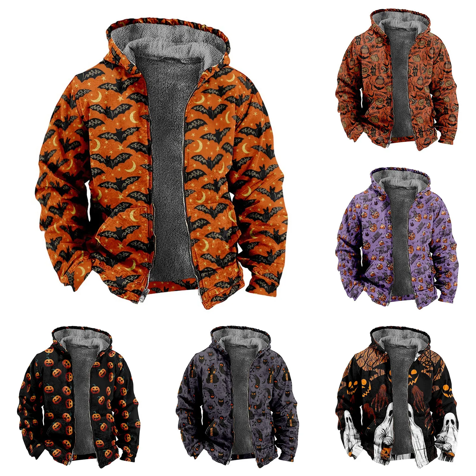 

Lightweight Fleece Jacket Mens Autumn And Winter Halloween Printing Simple Plus Velvet Men Outerwear Mens Fleece Fuzzy Jacket
