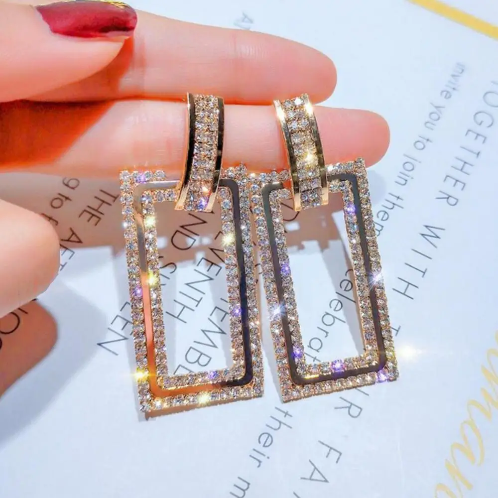 

Women Rhinestone Inlaid Hollow Rectangle Dangle Ear Stud Earrings Jewelry Gift Fashion Jewelry Dangle Earrings