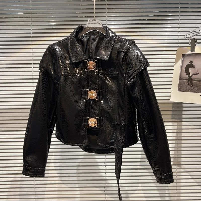 BORVEMAYS PU Leather Jacket Women 2023 Autumn New Fashion Trend Lapel Long Sleeve Single-breasted Streetwear Coat WX185