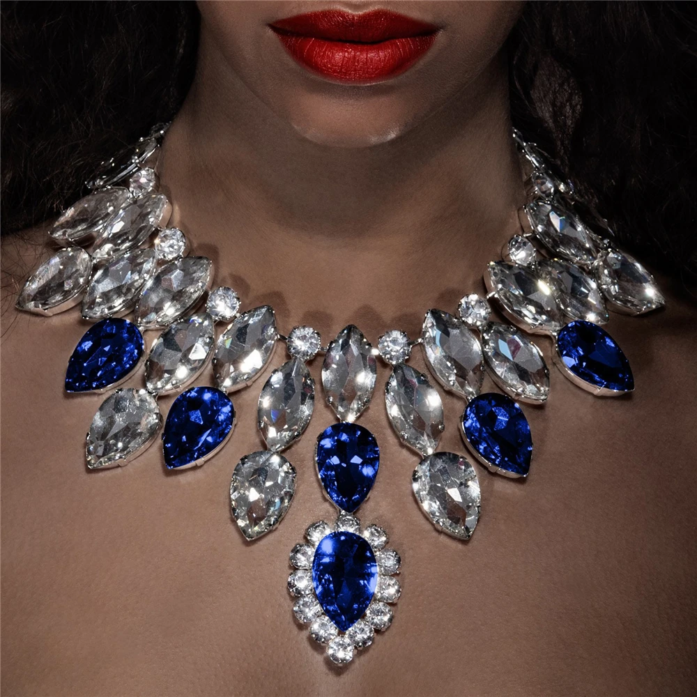 

Exaggerated Crystal Blue Large Tear Drop Pendant Choker Necklace for Women Rhinestone Multilayer Geometric NecklaceJewelry