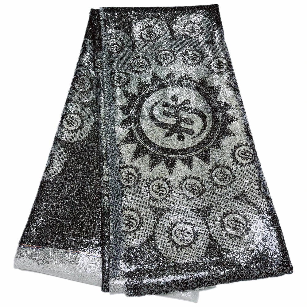 

African French Net Lace Fabric with Sequins, Black and White, High Quality, 5 Yards