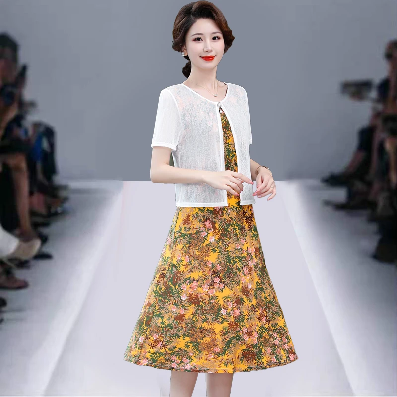 

Summer lace Dress retro Casual Short Sleeve O-Neck Floral Print Dresses fake two Elegant Party Dress Women Clothing