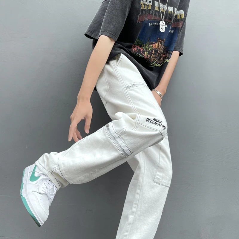 Простые однотонные белые женские джинсовые брюки унисекс уличная одежда для