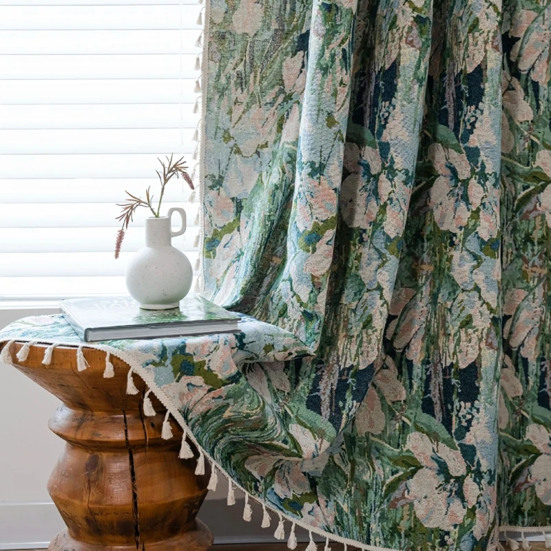 

American Style Green Flower Jacquard Fringe Finished Curtain Homestay Home Semi-blackout Valance Living Room Bedroom Balcony