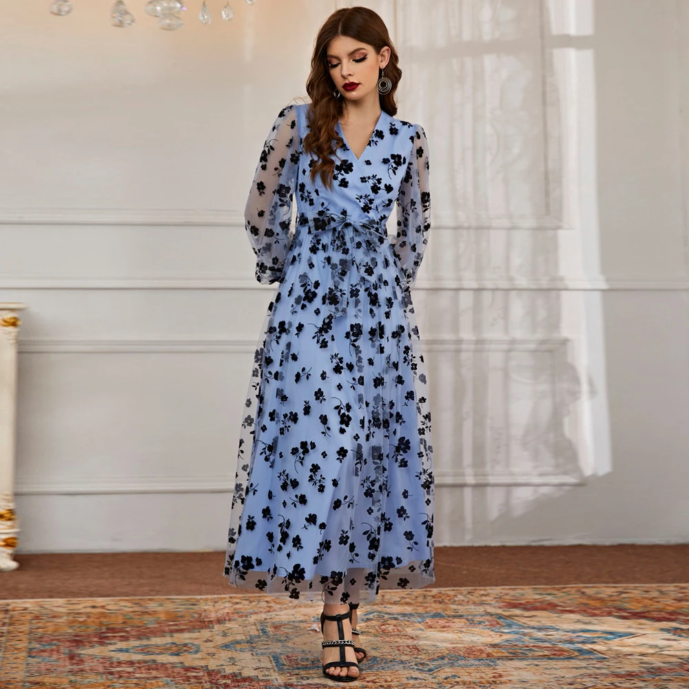Muslim Fashion Party Dress Evening Gowns Long Sleeve Abayas For Women Floral Print Boho Gown Islamic Clothing Djellaba Femme