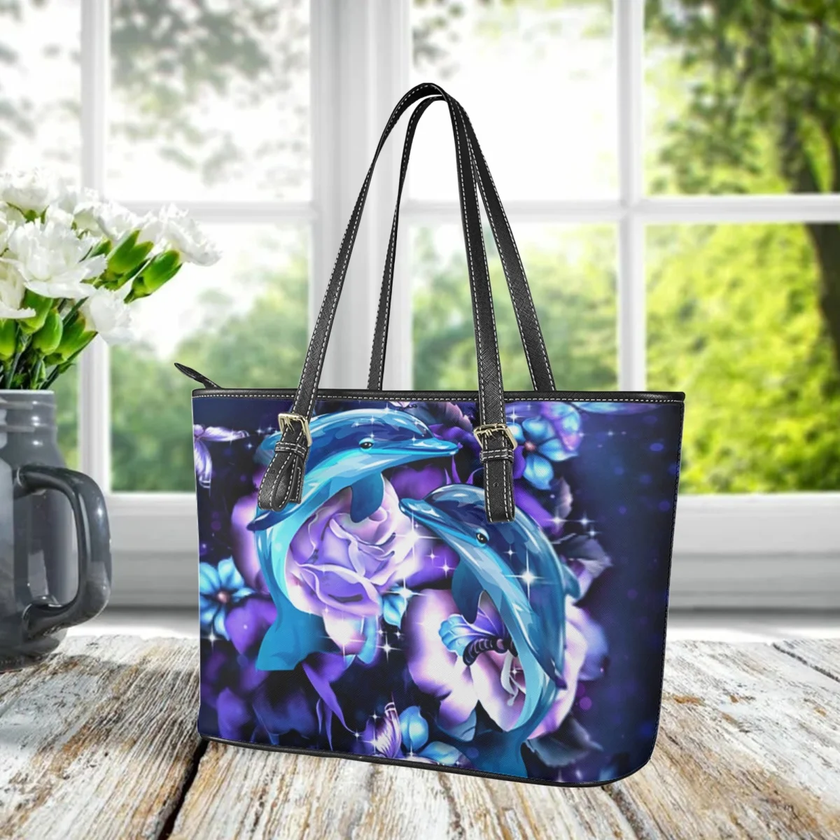 Blue Dolphin with Purple Rose Design Fashion Women Handbags Casual Large Capacity Shoulder Bag Totes for Female Girls Travel Bag