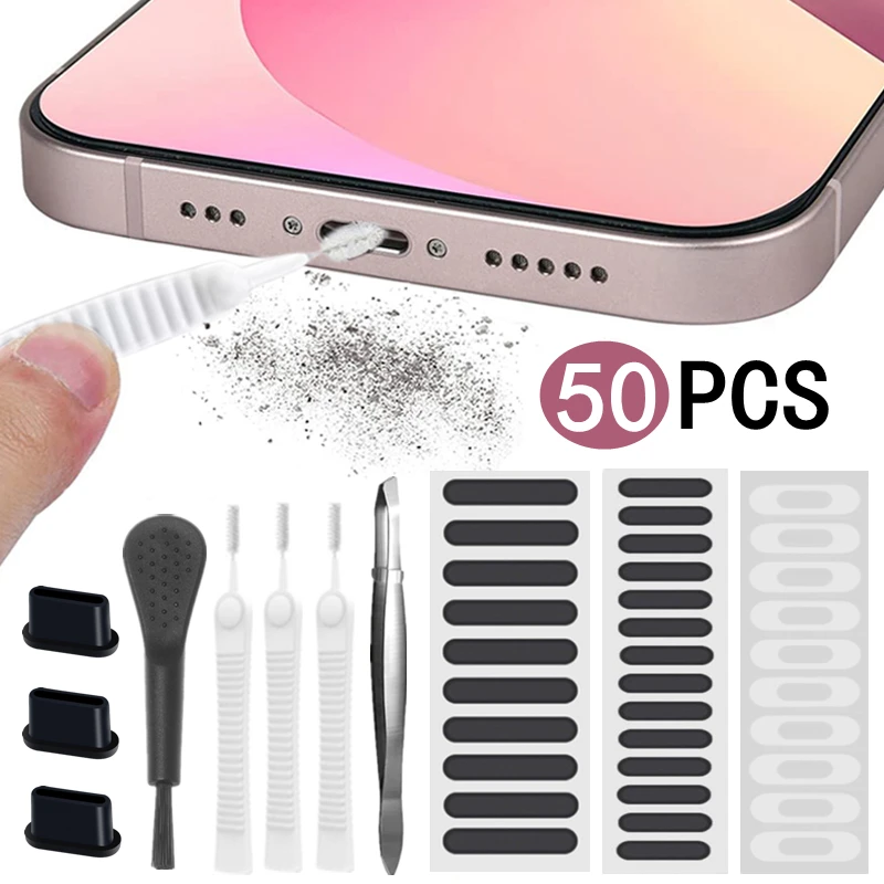 Universal Mobile Phone Speaker Anti Dust Sticker Cleaning Brush Set for iPhone Samsung Mi Port Protector Dust Plug Cleaner Kit