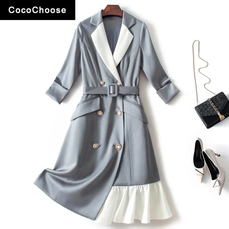 

Urban Business Blazer Dress Spring 2022 Fashion Women Three Quarter Sleeve Notched Collar Double Breasted Two Tone Dresses Gray