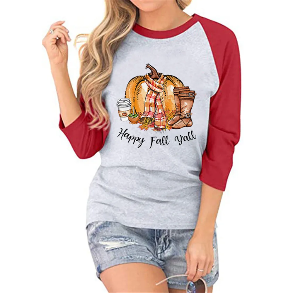 Happy Fall y'All Halloween Print Women T shirts Funny Pumpkin Boots Coffee Graphic Autumn Winter Patchwork Long Sleeve Tees Tops