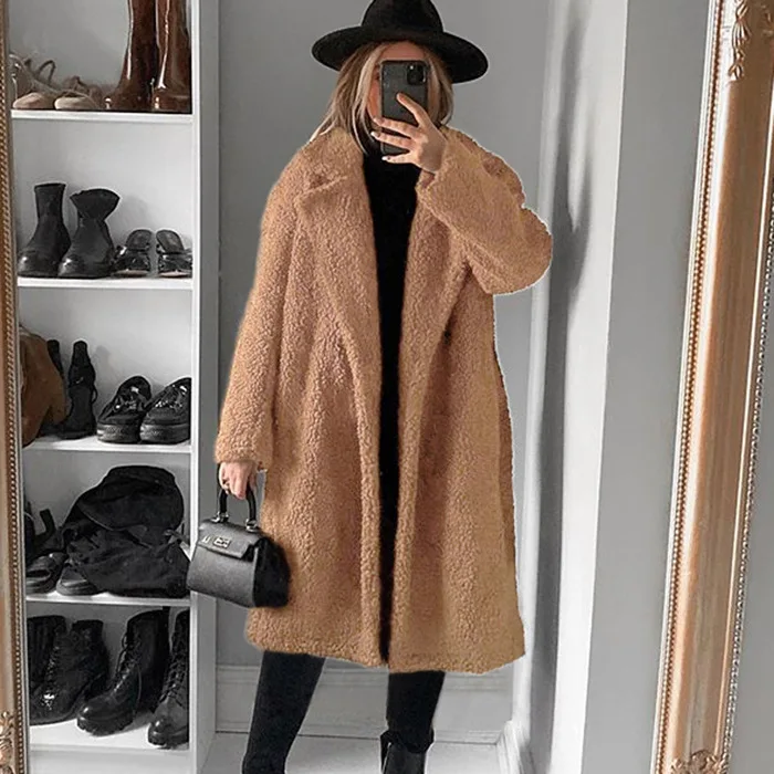 Women's Leather Fur Coat Autumn and Winter Long Faux Fur Coat Women's Warm Plush Top Faux Fur Coat