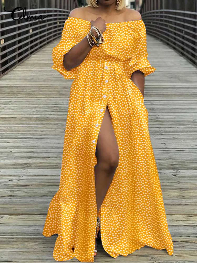 

Casual Loose Floral Print Sundress Celmia 2022 Summer Women Fashion Off Shoulder Split Maxi Dress Lantern Sleeve Party Vestidos