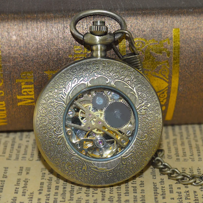 Luxury Steampunk Gear Mechanical Pocket Watch for Men Women Hollow Skeleton Case Roman Numerals Dial Fob Chain Pendant Clock