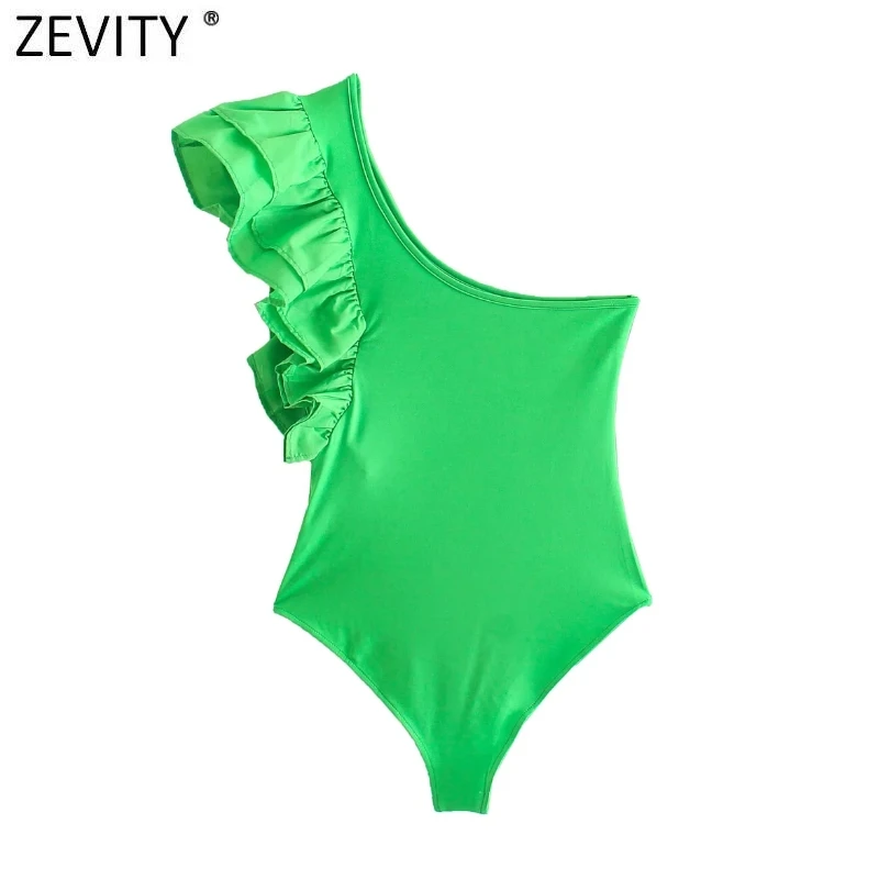 

Zevity 2022 женские сексуальные плиссированные оборки на одно плечо Асимметричные облегающие Боди женские летние шикарные комбинезоны карамел...
