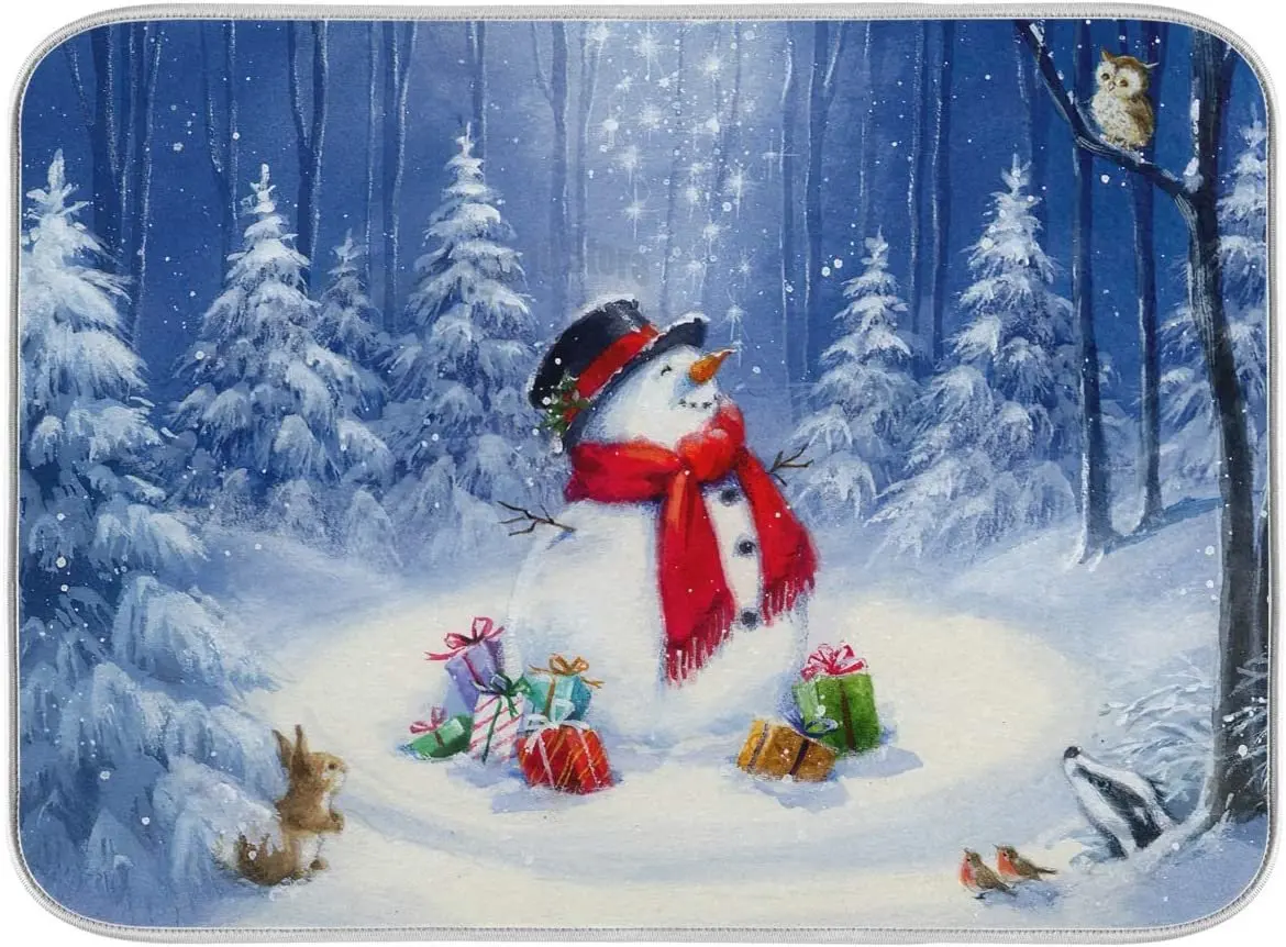 

Printed Winter Kicthen Drying Mat Foldable Kitchen Drying Mat Machine Washable Dish Mat Winter Snowman Owl