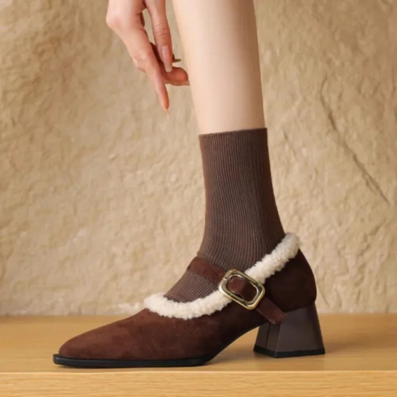 2024 Hot Sale Ladies Shoes Mary Janes Women's High Heels Warm Dress Pumps Women Pointed Toe Med Heel Buckle Strap