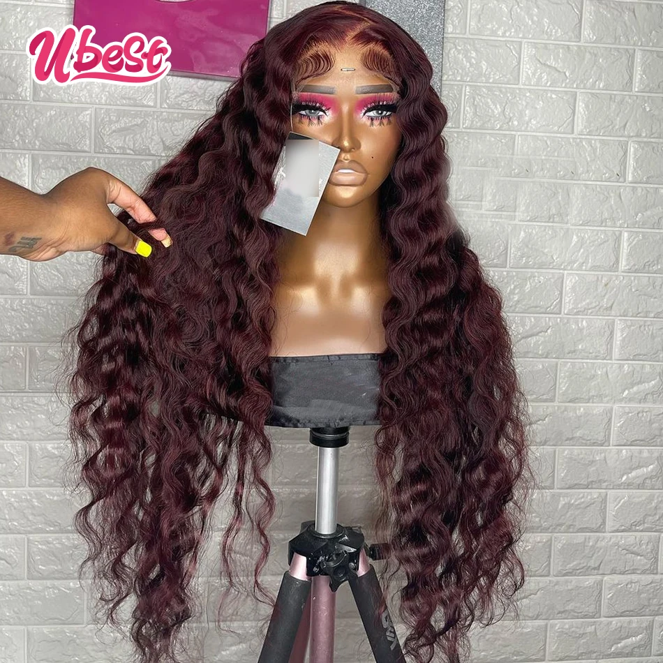 13x6 Lace Frontal Wig 99j Burgundy Loose Deep Wave Transparent Lace Front Wig Pre-Plucked Lace Frontal Human Hair Wigs For Women