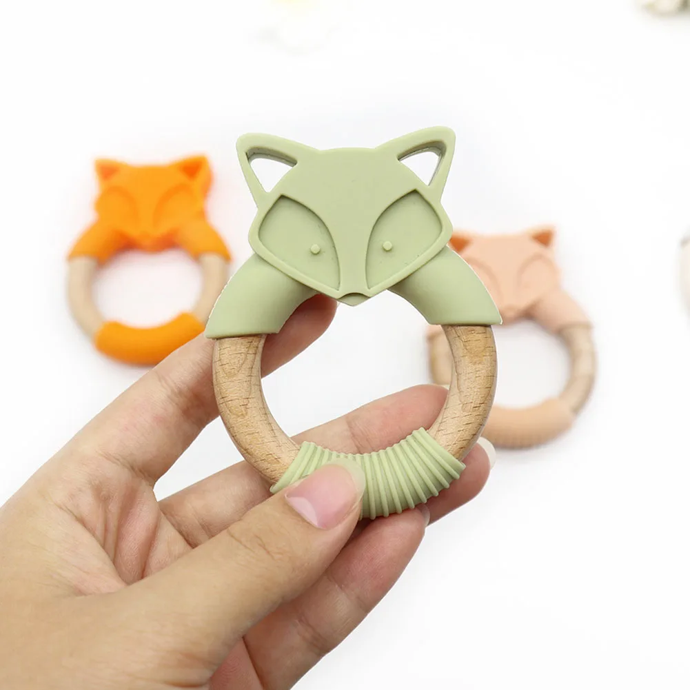 

Baby Teether Silicone Animals Wooden Rings Teether Rodents Beech Wood Infant Rabbit Elephant Fox Rings Baby Products