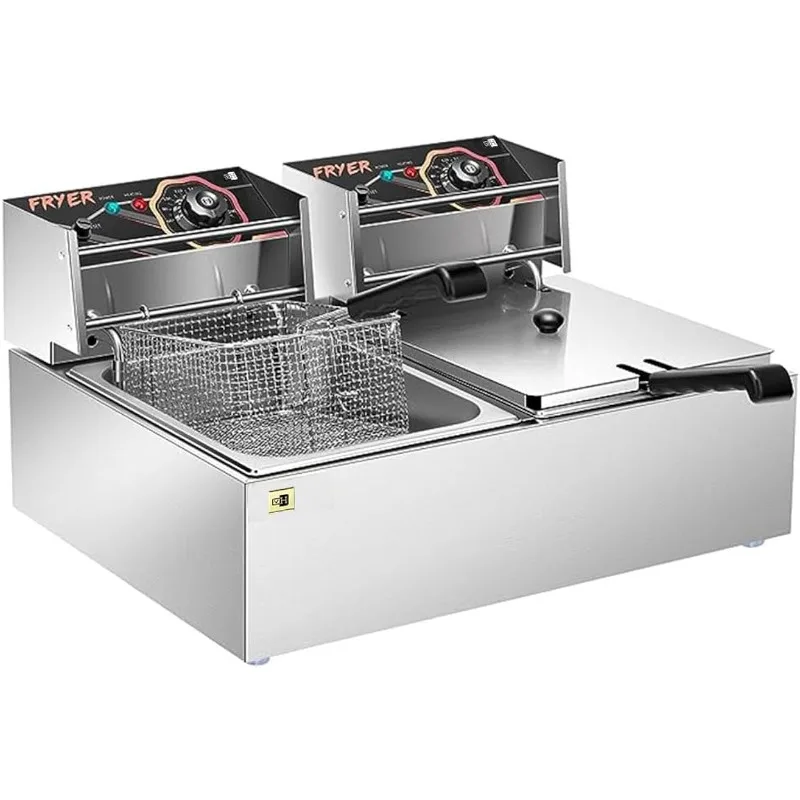 

110V 20.7 Qt Commercial Electric Deep Fryer with 2 x 6.35 QT Removable Baskets, Overheat Protection
