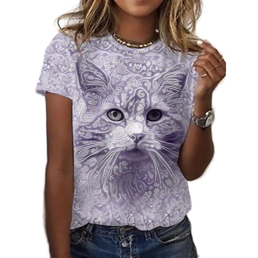 

2022 New Summer Women's Cat 3D Print T-shirt Harajuku Short Sleeve O-Neck Unisex Oversized Clothes 5XL Y2k Top Camisa Masculina