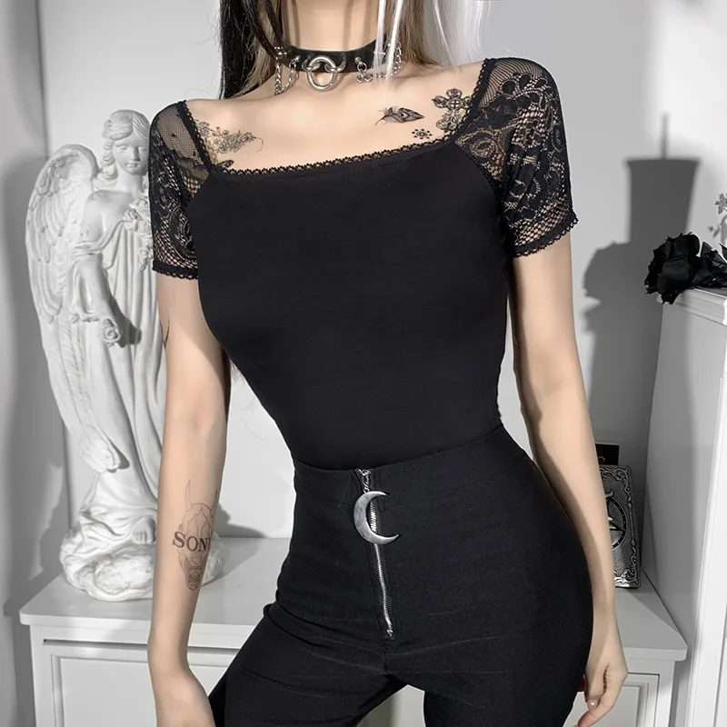 

Goth Vintage Lace Black T-shirt Gothic Sexy Bodycon Short Sleeve Women Tops Aesthetic Elegant Square Neck Simple T-shirt
