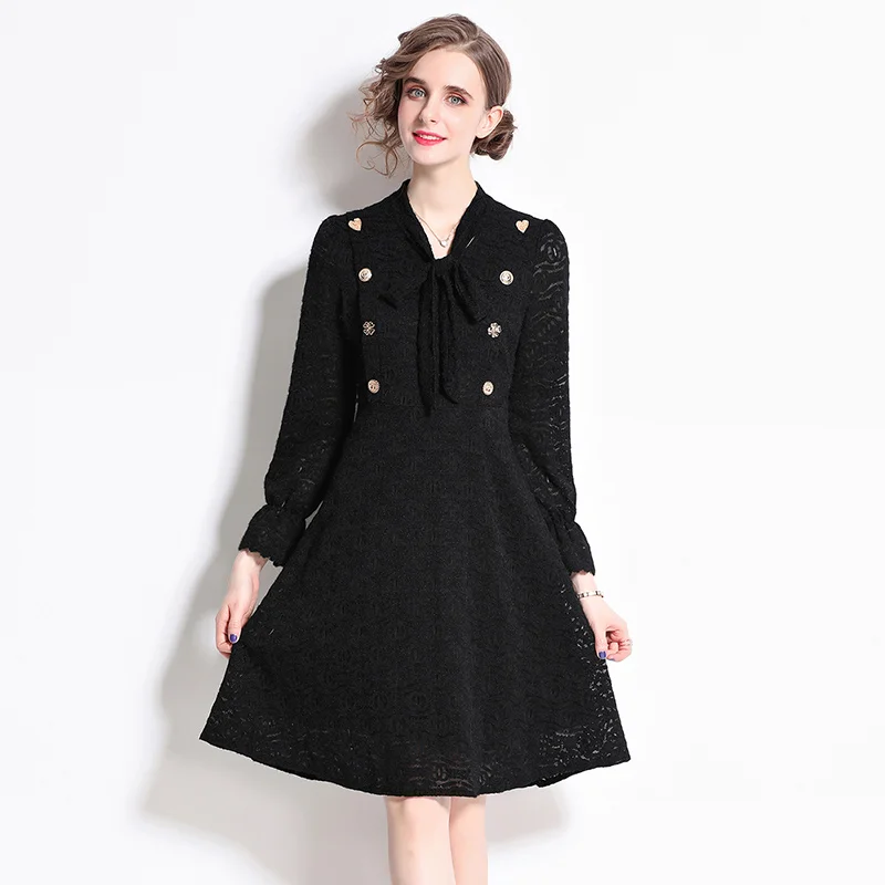 

Simgent Black Buttons Lace Dress Women New Elegant Fashion 2022 Spring Flare Sleeve A Line Knee Length Dresses Jurken SG221419