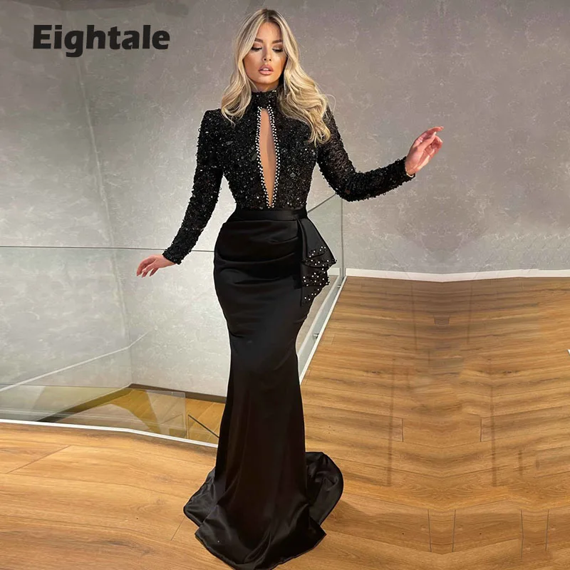 

Eightale Arabic Evening Dresses Sequined Shiny Long Sleeves Satin Formal Prom Gown Black Dubai Party Dress vestidos de fiesta