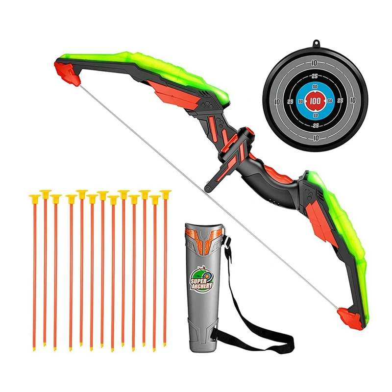 

2Set Bow And Archer Set For Kids - Archery Toy Set - LED Light Up With 26 Suction Cup Arrows, Target & Quiver