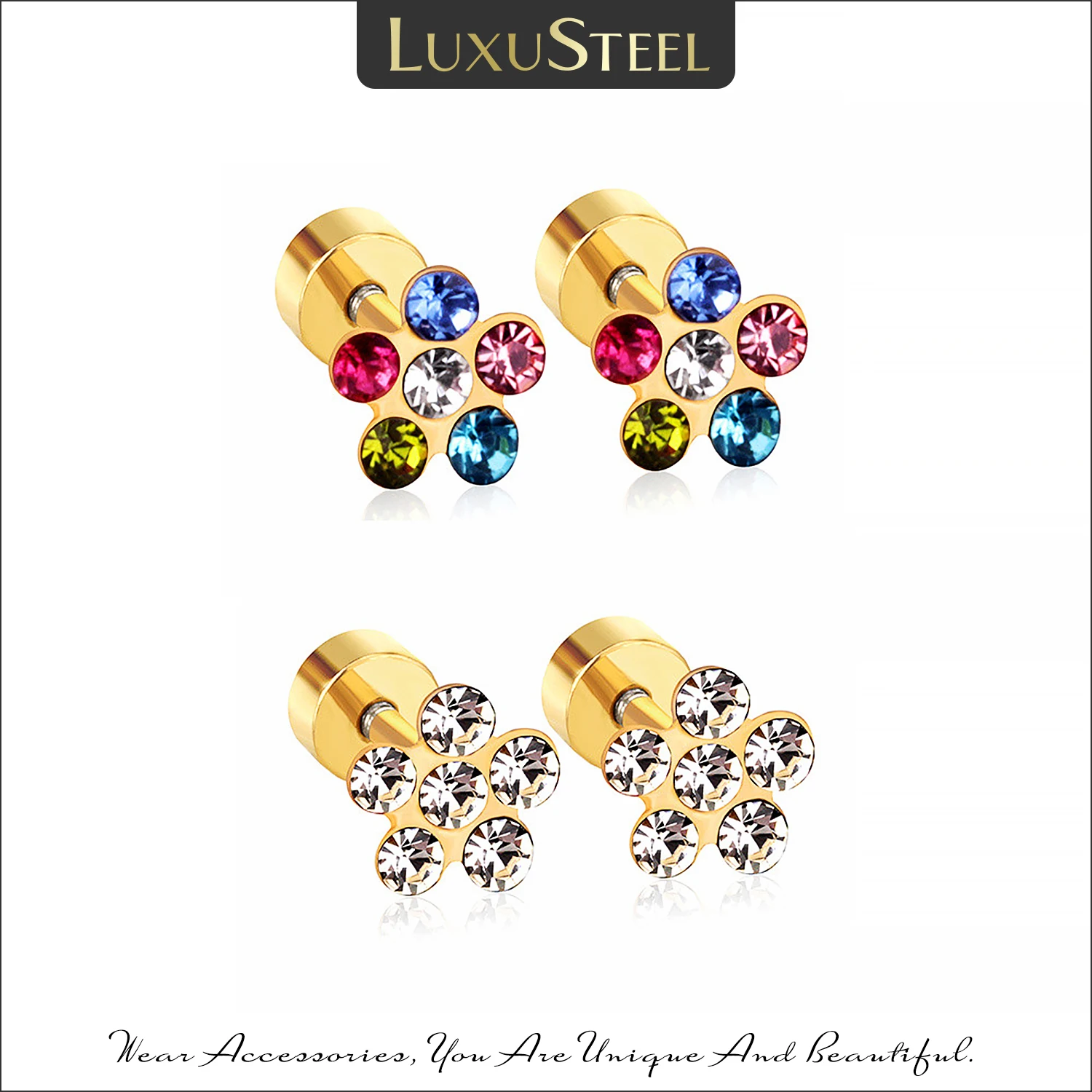 

LUXUSTEEL Colorful Cubic Zirconia Flower Stud Earrings For Women Baby Stainless Steel Anti-allergy Trendy Cute Ear Jewelry 2022