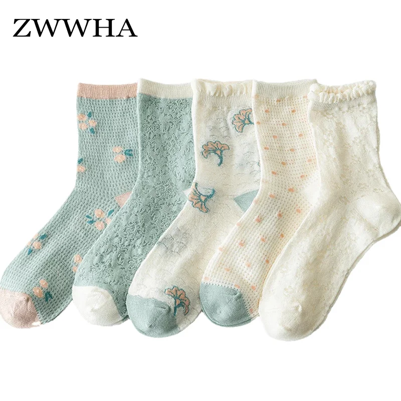 

3 Pairs Socks For Women Spring Summer Mesh Cute Socks New Fashion Breathable Mesh Soft Cotton Cute Flower Korea Long Thin Socks
