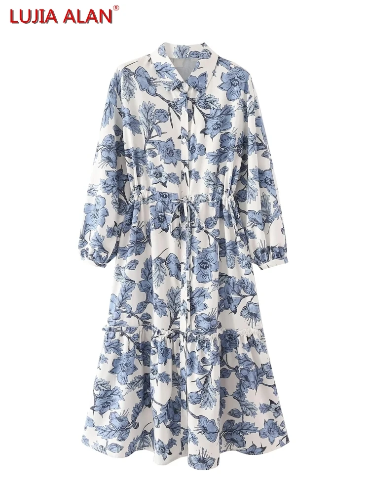 

Женское свободное платье средней длины, Элегантное повседневное платье с принтом на талии, кулиской и многоярусными оборками, рукавами-фон...