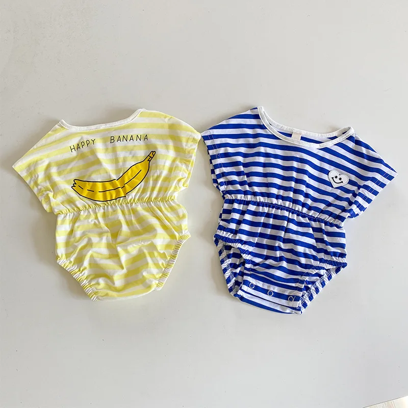

Toddler Boy Summer Thin Fashion Striped Elastic Waist Jumpsuit Infant Girl Banana Soft Solid Sleeveless Bodysuit One Piece
