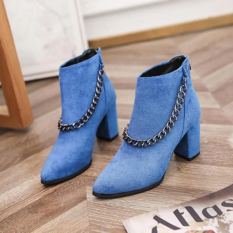 Women's Boots Pointed Toe High Heels Solid Color Leather Ankle Boots Women's Boots Fashion Chunky Heel Heel Zipper Women's Shoes