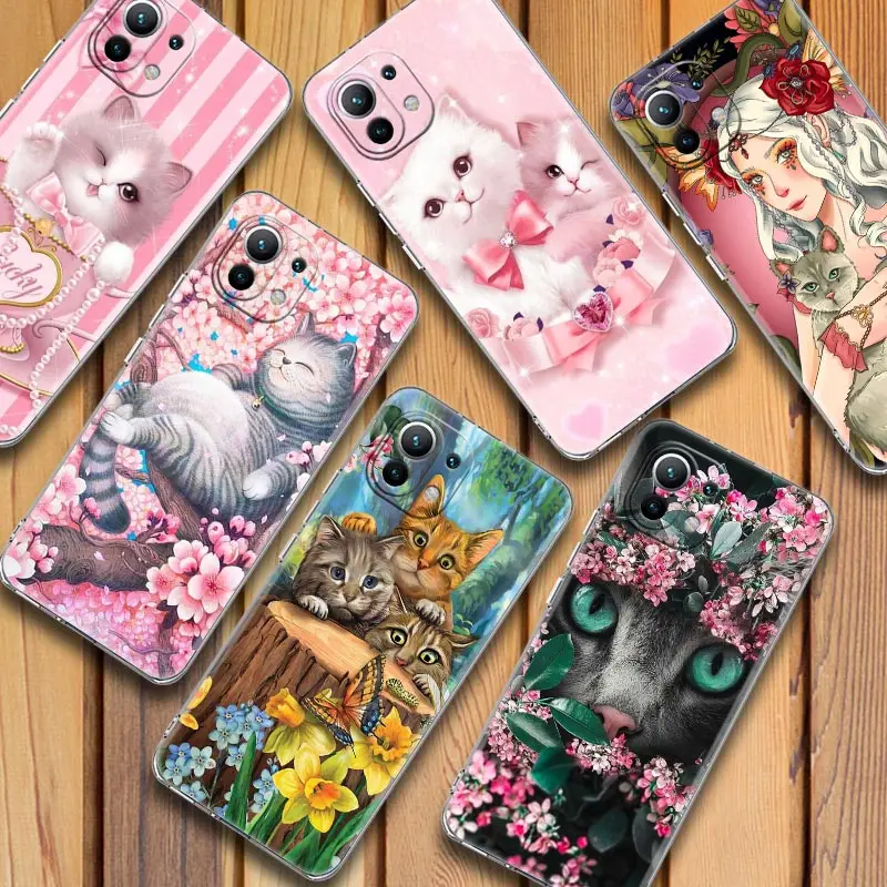 

Cartoon Flower Cat Animal Case For Xiaomi Mi 11 Note 10 10T 9 9T Pro Lite Poco X3 F3 M3 Clear Cover Redmi 9 9A 9C 10 Cute Cases