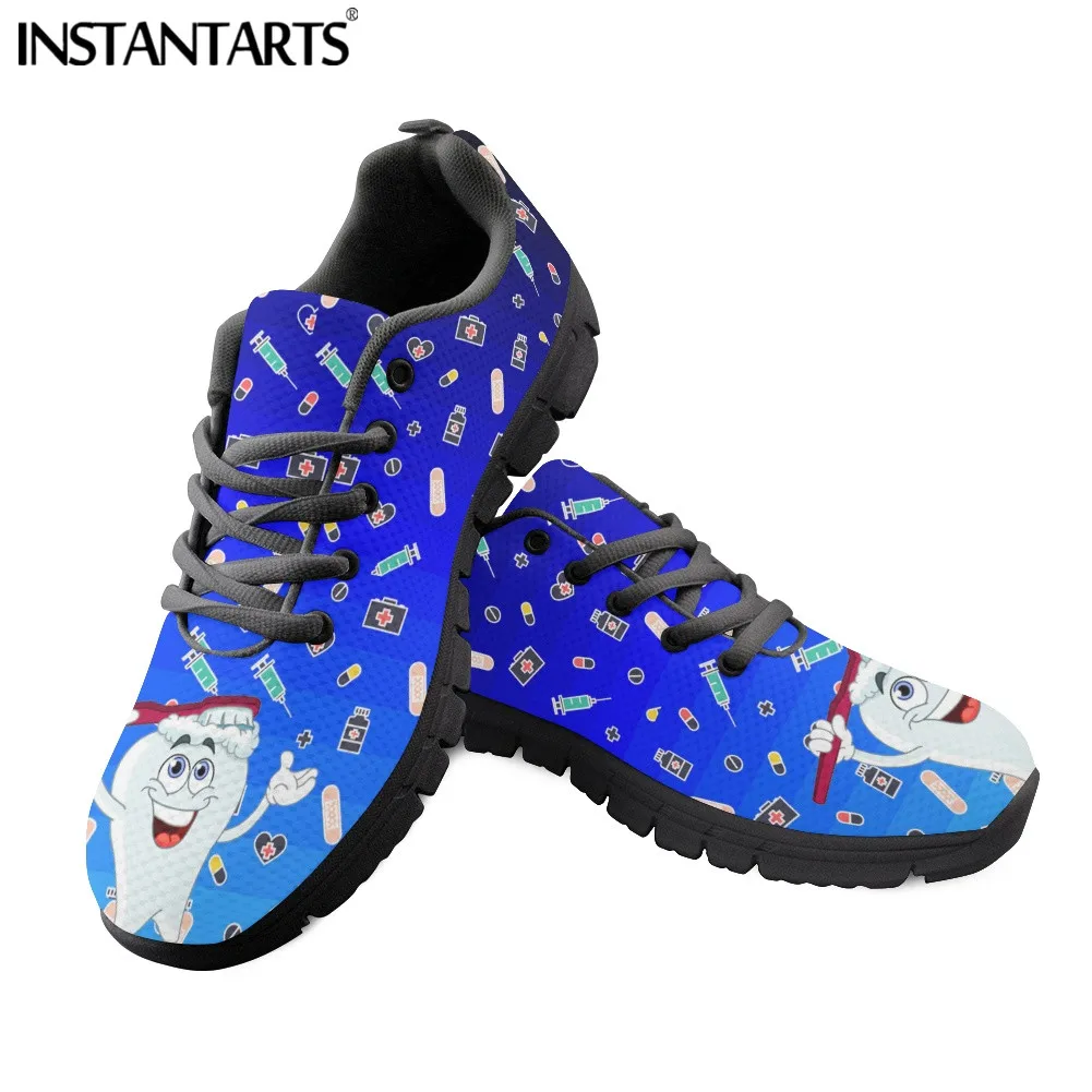 

INSTANTARTS Cute Cartoon Tooth Dental Pattern Women's Spring Lace-up Sneakers Breathable Air Mesh Flats Light Shoes for Ladies