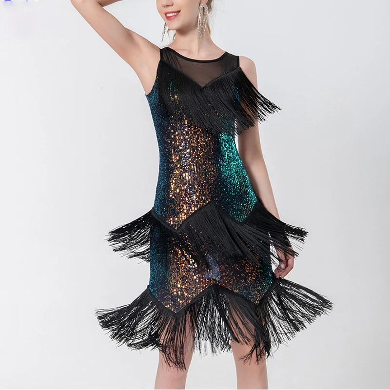 

Fashion Women New Sequins Tassel Dress Latin Dance Dress Dancing Dress Stage Wear Performance Dress Dance 3 Layers Tassel Clothe