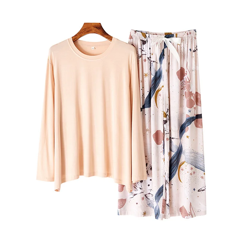 Japanese New Style Ladies Pajamas Simple Floral Large Floral Long-sleeved Trousers Home Service Two Piece Set Sleepwear