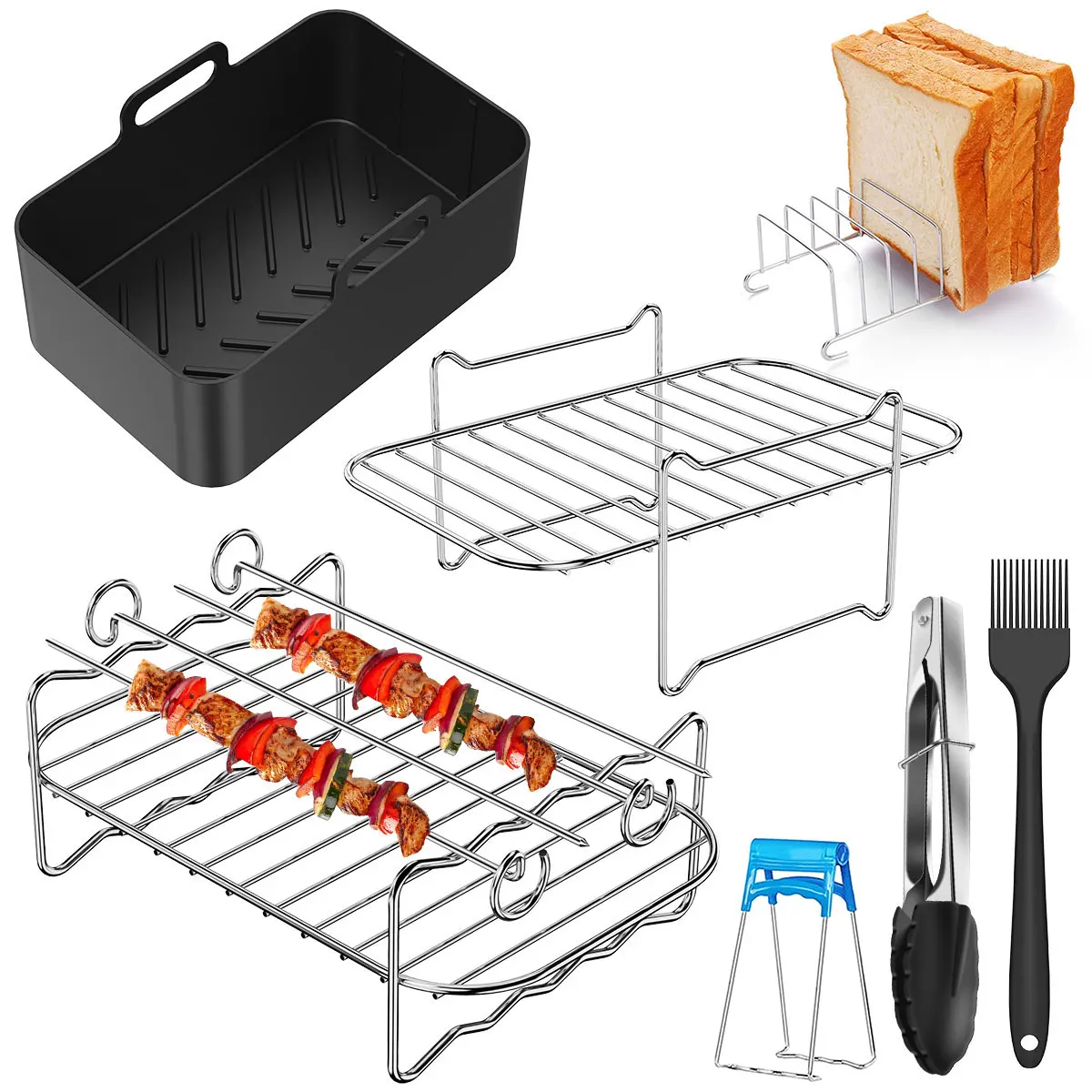 

8 Pcs Dual Air Fryer Accessories with Silicone Nonstick Air Fryer Loaf Pan Stainless Steel Steamer Rack Rustproof Skewer Rack