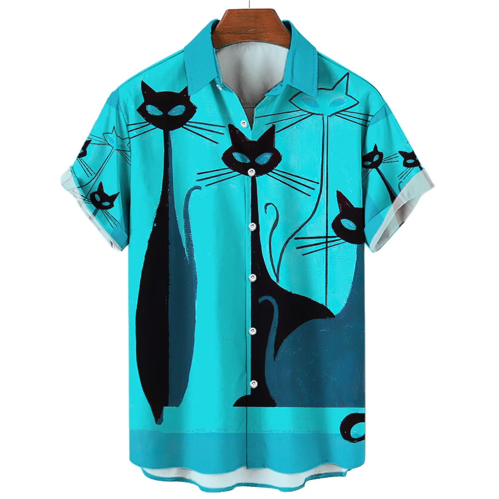 Men Short Sleeve Shirt Rashguard Men's 3d Print Lucky Cat Tops Vintage Lapel Man Clothing Oversized Shirts Hawaiian Beach Blouse