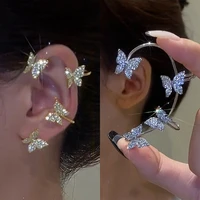 rhinestone butterfly clip earrings for women creative gold plated c ear cuff non piercing ear ear clip set trend jewelry gift